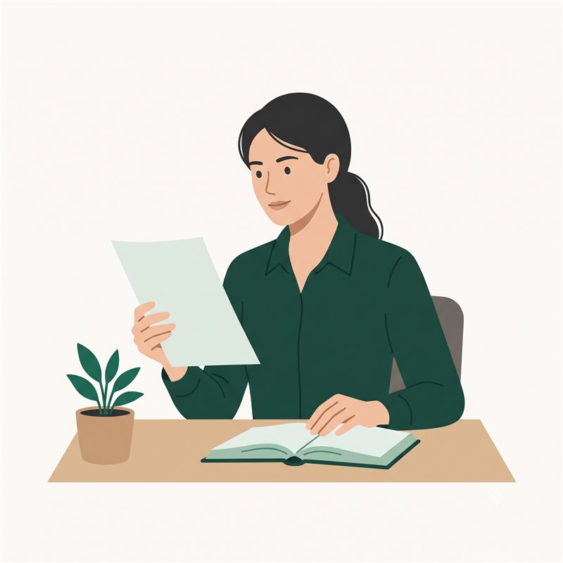 A case manager reads the letter carefully at her desk, reference book open