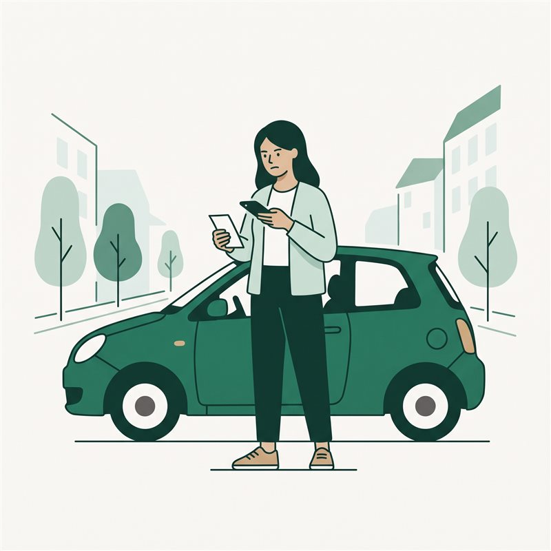 A young woman photographs the parking ticket on her windscreen with her phone
