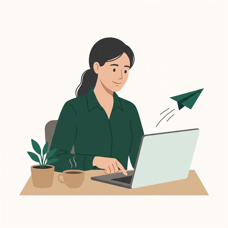 The case manager sends the challenge from her laptop, a paper plane flying off